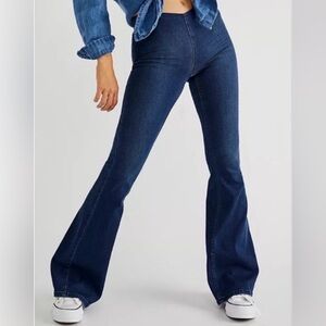 Free People Penny Pull On Flare Bell Bottom Dark Wash Blue Jeans Size 27 Stretch